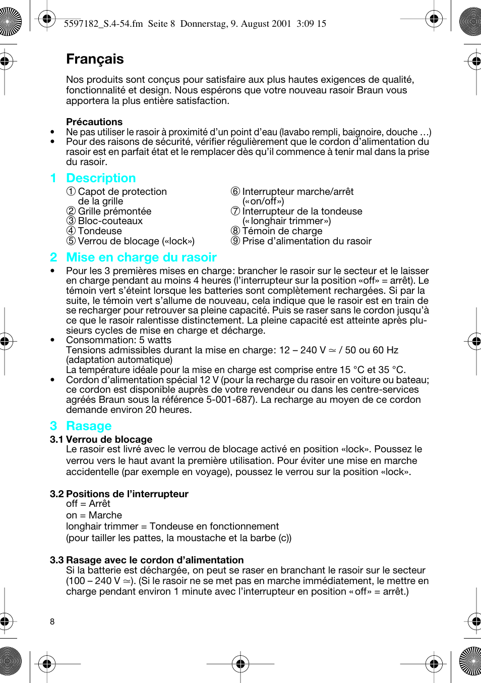 Français, 1 description 1, 2 mise en charge du rasoir | 3 rasage | Braun 1507 User Manual | Page 8 / 52