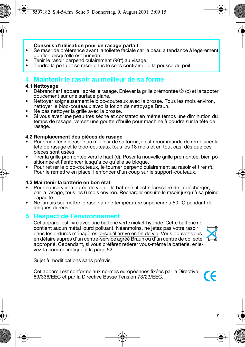 4 maintenir le rasoir au meilleur de sa forme, 5 respect de l’environnement | Braun 1507 User Manual | Page 9 / 52