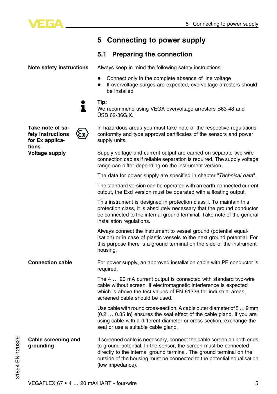 5 connecting to power supply, 1 preparing the connection, 5connecting to power supply | VEGA VEGAFLEX 67 (-40…+150°C) 4 … 20 mA_HART four-wire User Manual | Page 15 / 56
