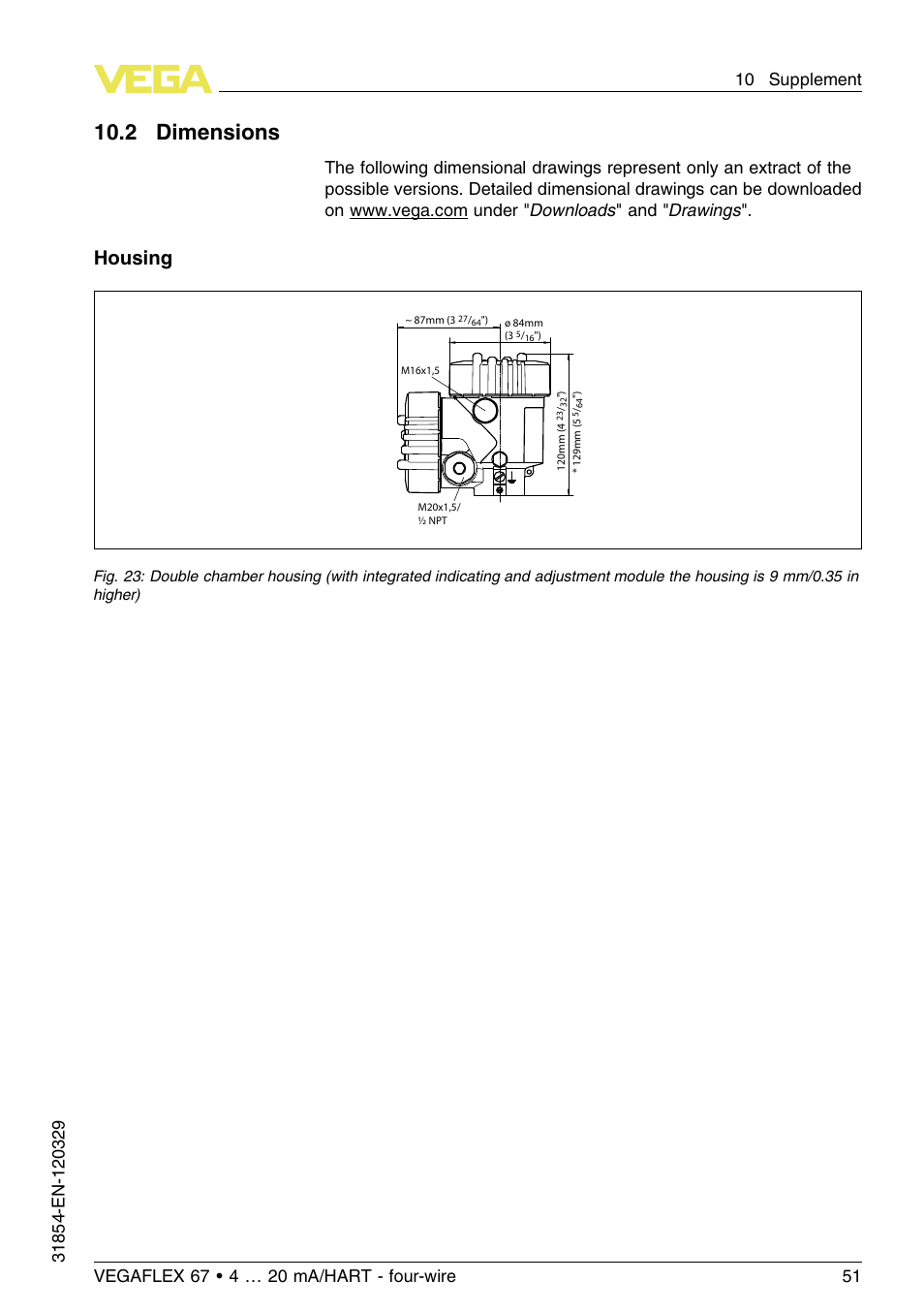 2 dimensions, 10 .2 dimensions, Housing | VEGA VEGAFLEX 67 (-40…+150°C) 4 … 20 mA_HART four-wire User Manual | Page 51 / 56