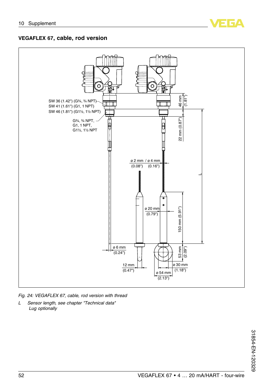 Cable, rod version, Vegaflex 67 | VEGA VEGAFLEX 67 (-40…+150°C) 4 … 20 mA_HART four-wire User Manual | Page 52 / 56