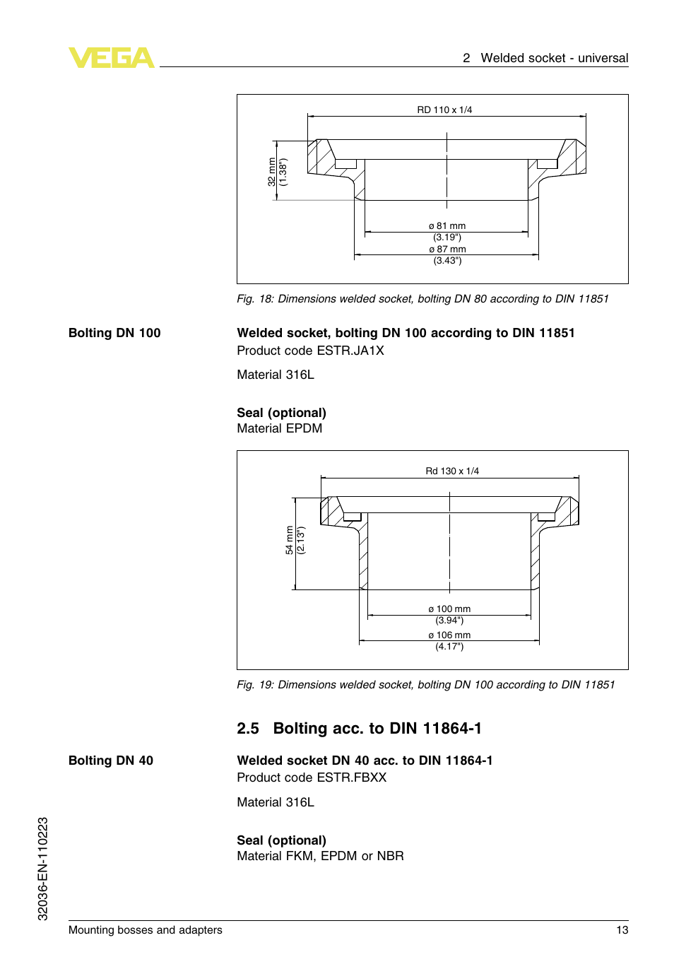 5 bolting acc. to din11864–1 | VEGA Mounting bosses and adapters User Manual | Page 13 / 40