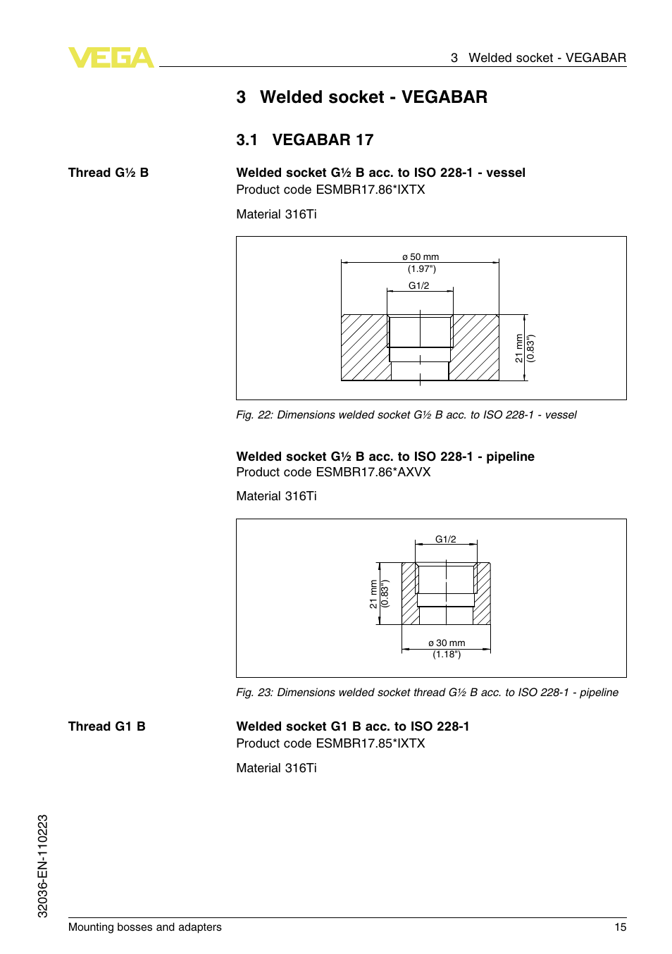 3 welded socket – vegabar, 1 vegabar 17, 3welded socket - vegabar | VEGA Mounting bosses and adapters User Manual | Page 15 / 40