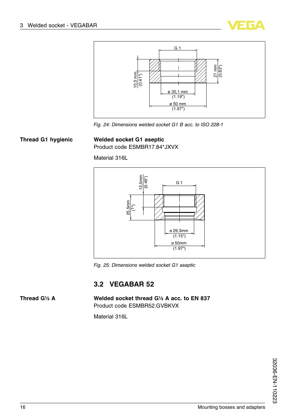 2 vegabar 52 | VEGA Mounting bosses and adapters User Manual | Page 16 / 40