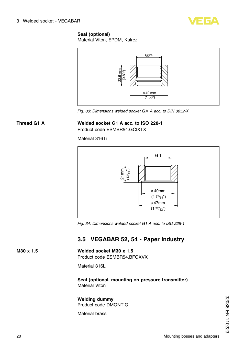 5 vegabar 52, 54 – paper industry | VEGA Mounting bosses and adapters User Manual | Page 20 / 40