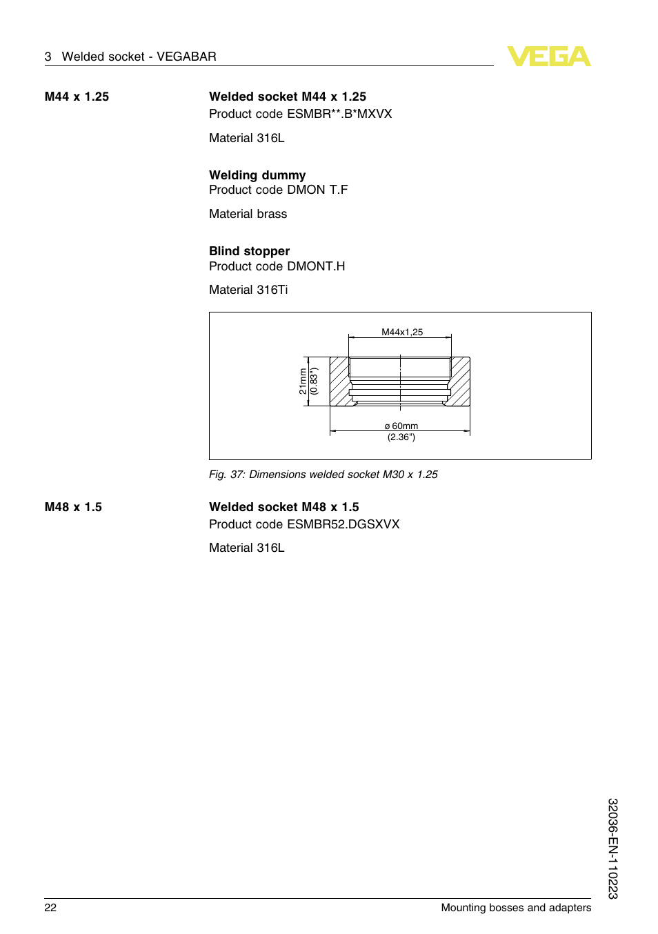 VEGA Mounting bosses and adapters User Manual | Page 22 / 40