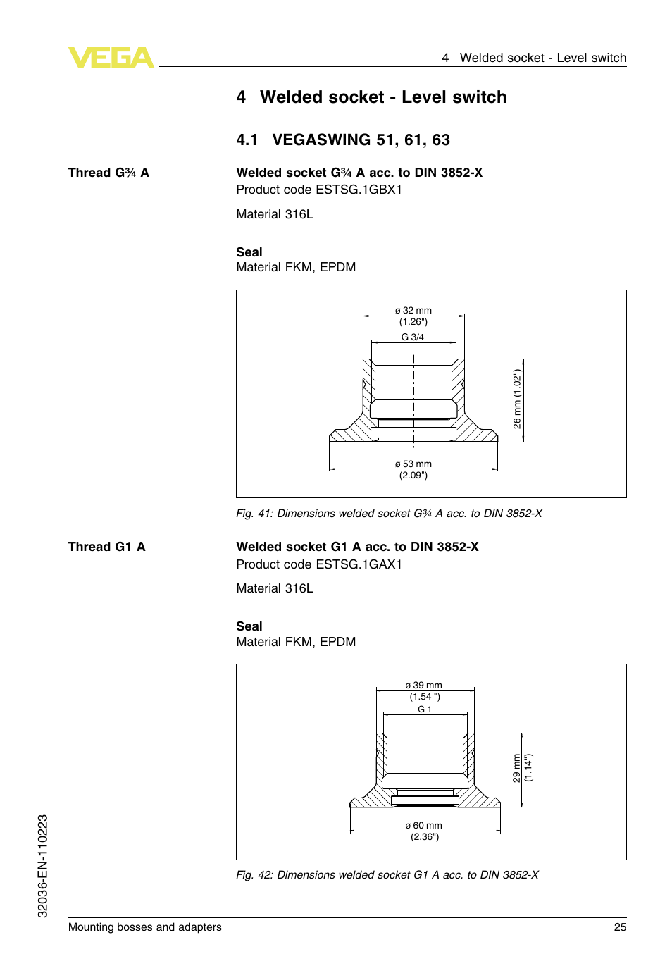 4 welded socket – level switch, 1 vegaswing 51, 61, 63, 4welded socket - level switch | VEGA Mounting bosses and adapters User Manual | Page 25 / 40