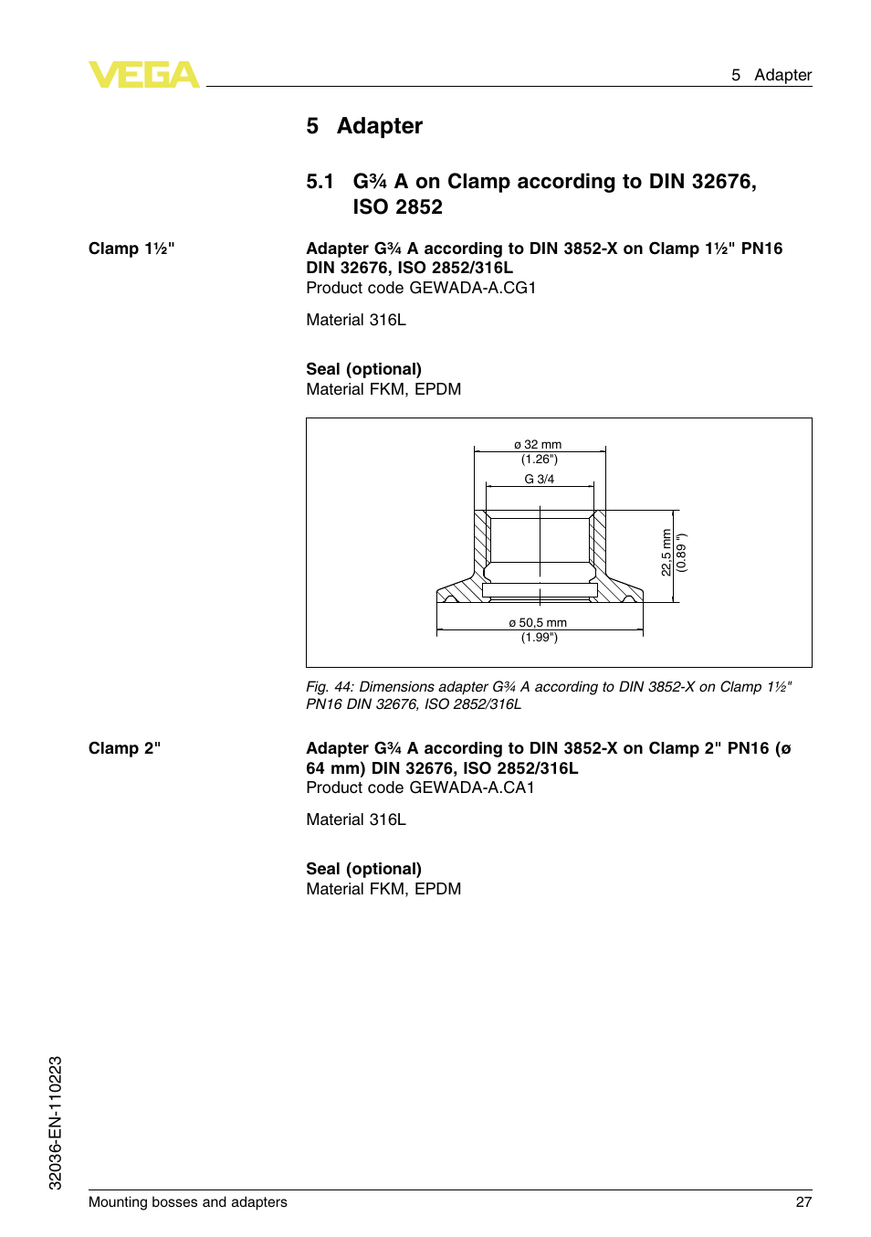 5 adapter, 1 g¾a on clamp according to din32676, iso2852, 5adapter | VEGA Mounting bosses and adapters User Manual | Page 27 / 40