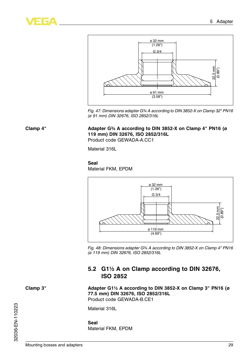 2 g1½a on clamp according to din32676, iso2852 | VEGA Mounting bosses and adapters User Manual | Page 29 / 40