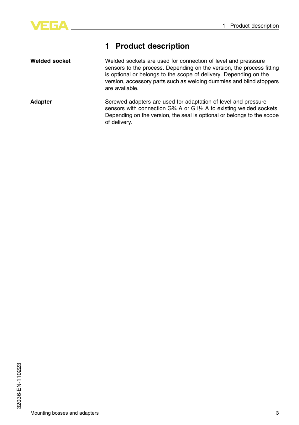 1 product description, 1product description | VEGA Mounting bosses and adapters User Manual | Page 3 / 40