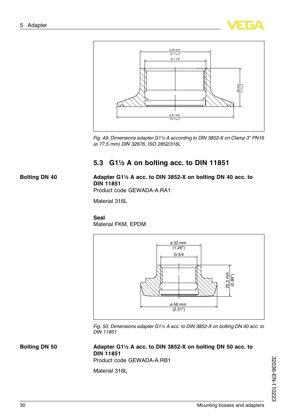 3 g1½a on bolting acc. to din11851 | VEGA Mounting bosses and adapters User Manual | Page 30 / 40