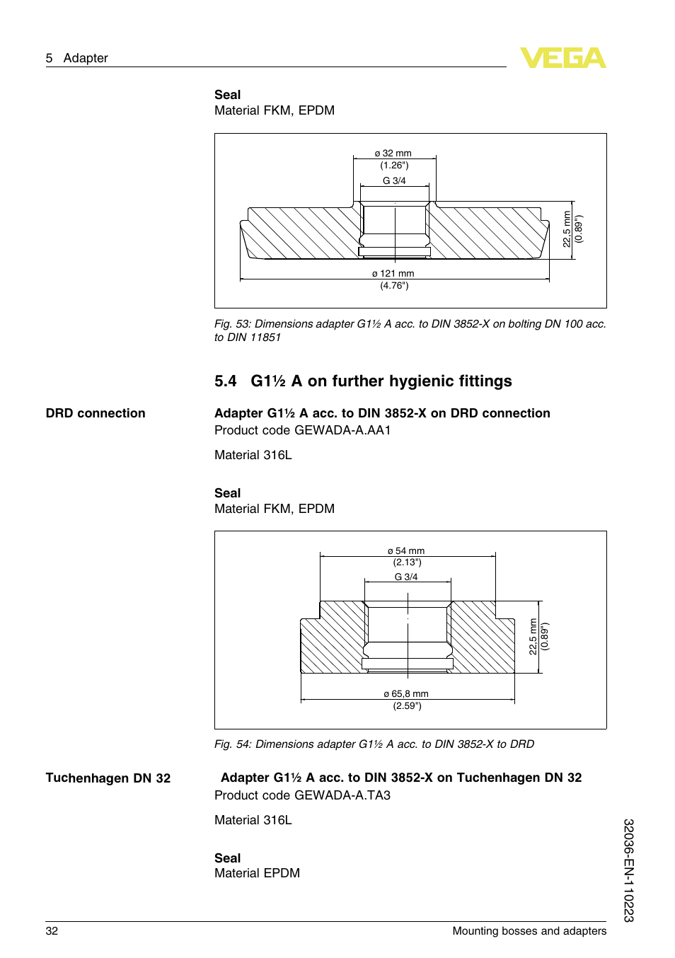 4 g1½a on further hygienic fittings, 4 g1½ a on further hygienic ﬁttings | VEGA Mounting bosses and adapters User Manual | Page 32 / 40