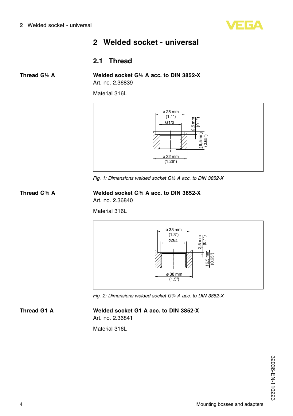 2 welded socket – universal, 1 thread, 2welded socket - universal | VEGA Mounting bosses and adapters User Manual | Page 4 / 40