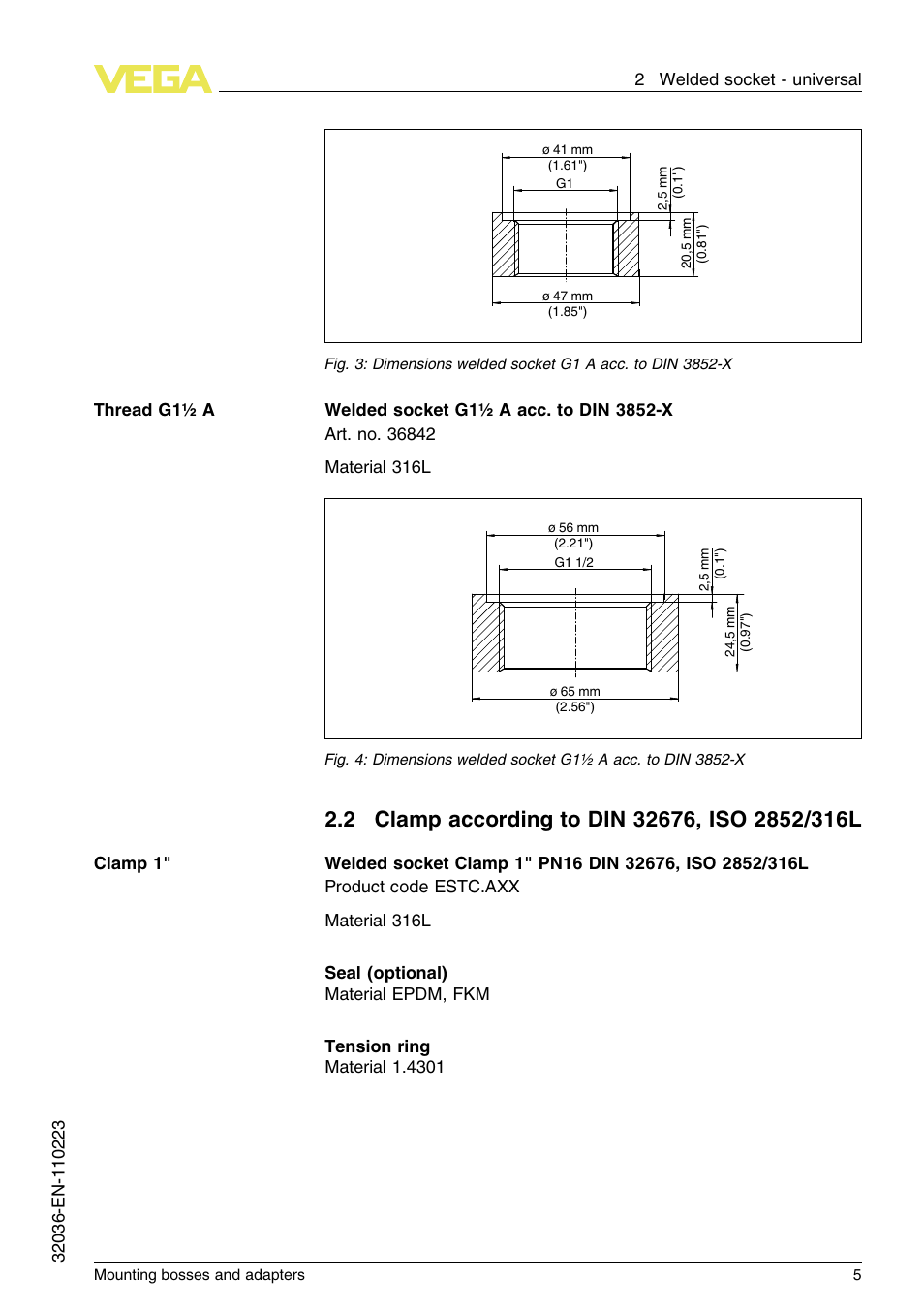 2 clamp according to din32676, iso2852/316l | VEGA Mounting bosses and adapters User Manual | Page 5 / 40