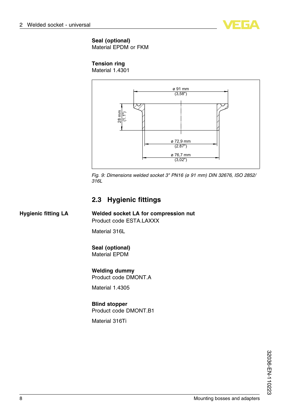 3 hygienic fittings, 3 hygienic ﬁttings | VEGA Mounting bosses and adapters User Manual | Page 8 / 40