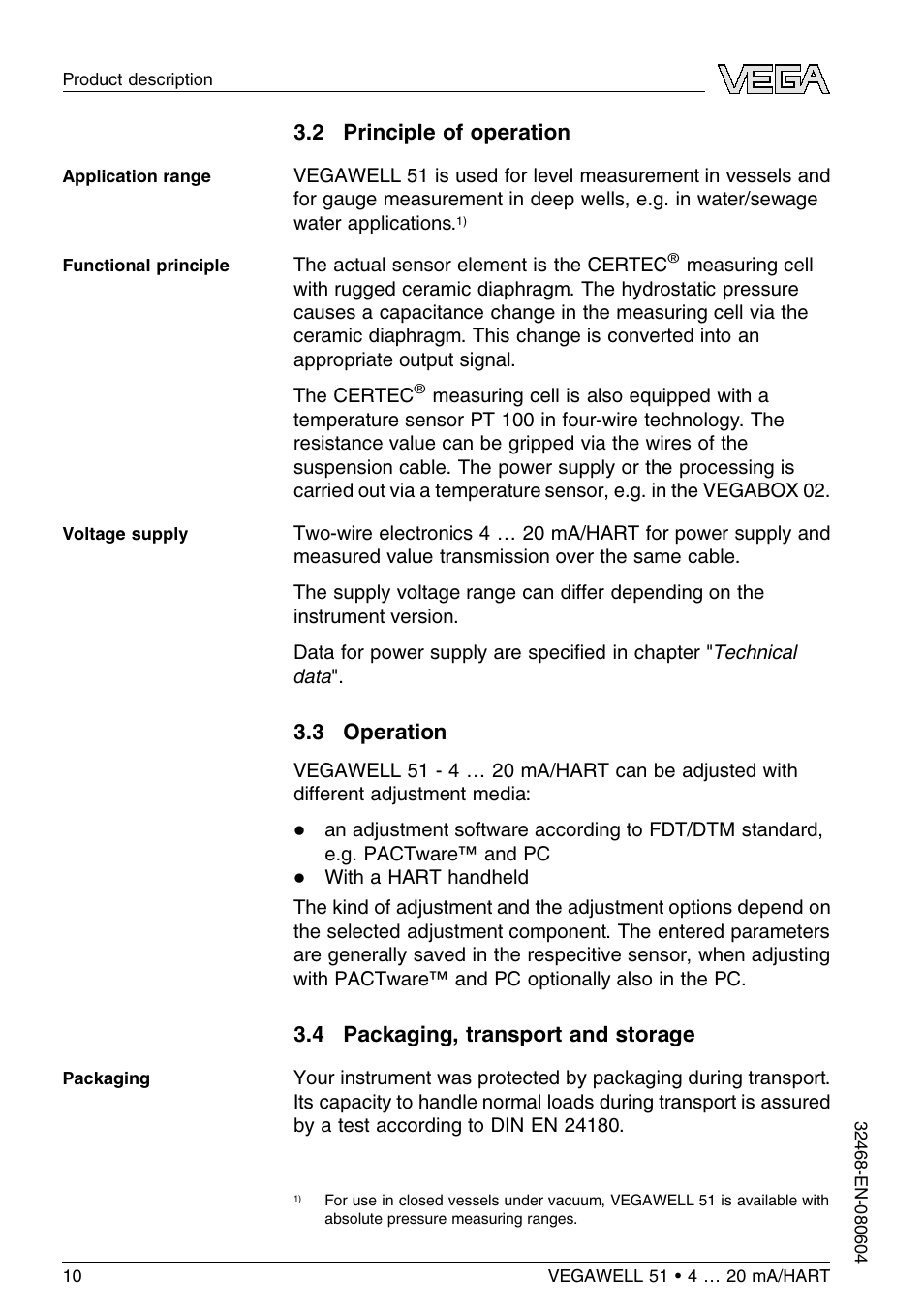 2 principle of operation, 3 operation, 4 packaging, transport and storage | VEGA VEGAWELL 51 4 … 20 mA_HART User Manual | Page 10 / 40