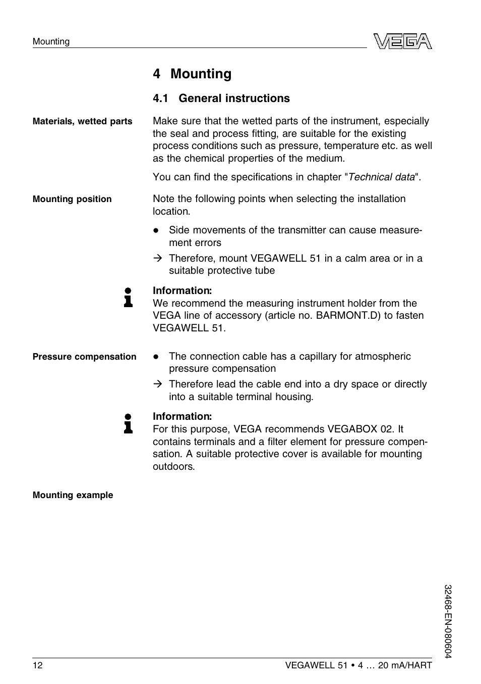 4 mounting, 1 general instructions, 4 m ounting | VEGA VEGAWELL 51 4 … 20 mA_HART User Manual | Page 12 / 40