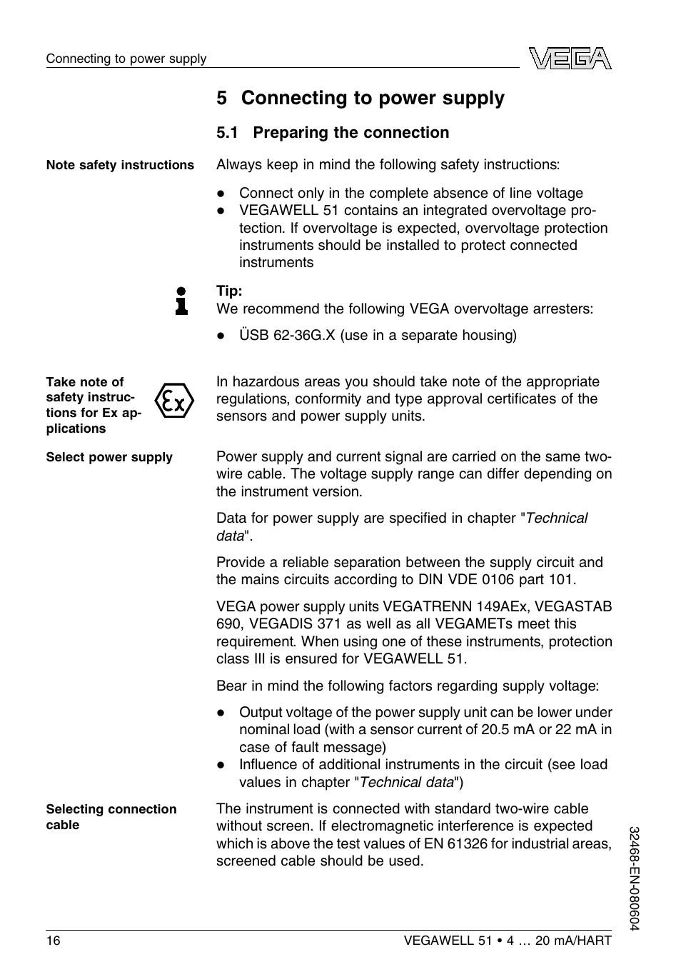 5 connecting to power supply, 1 preparing the connection, 5 c onnecting to power supply | VEGA VEGAWELL 51 4 … 20 mA_HART User Manual | Page 16 / 40