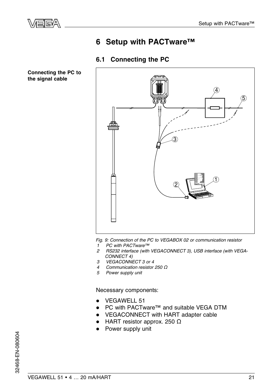 6 setup with pactware, 1 connecting the pc, 6 s etup with pactware | VEGA VEGAWELL 51 4 … 20 mA_HART User Manual | Page 21 / 40