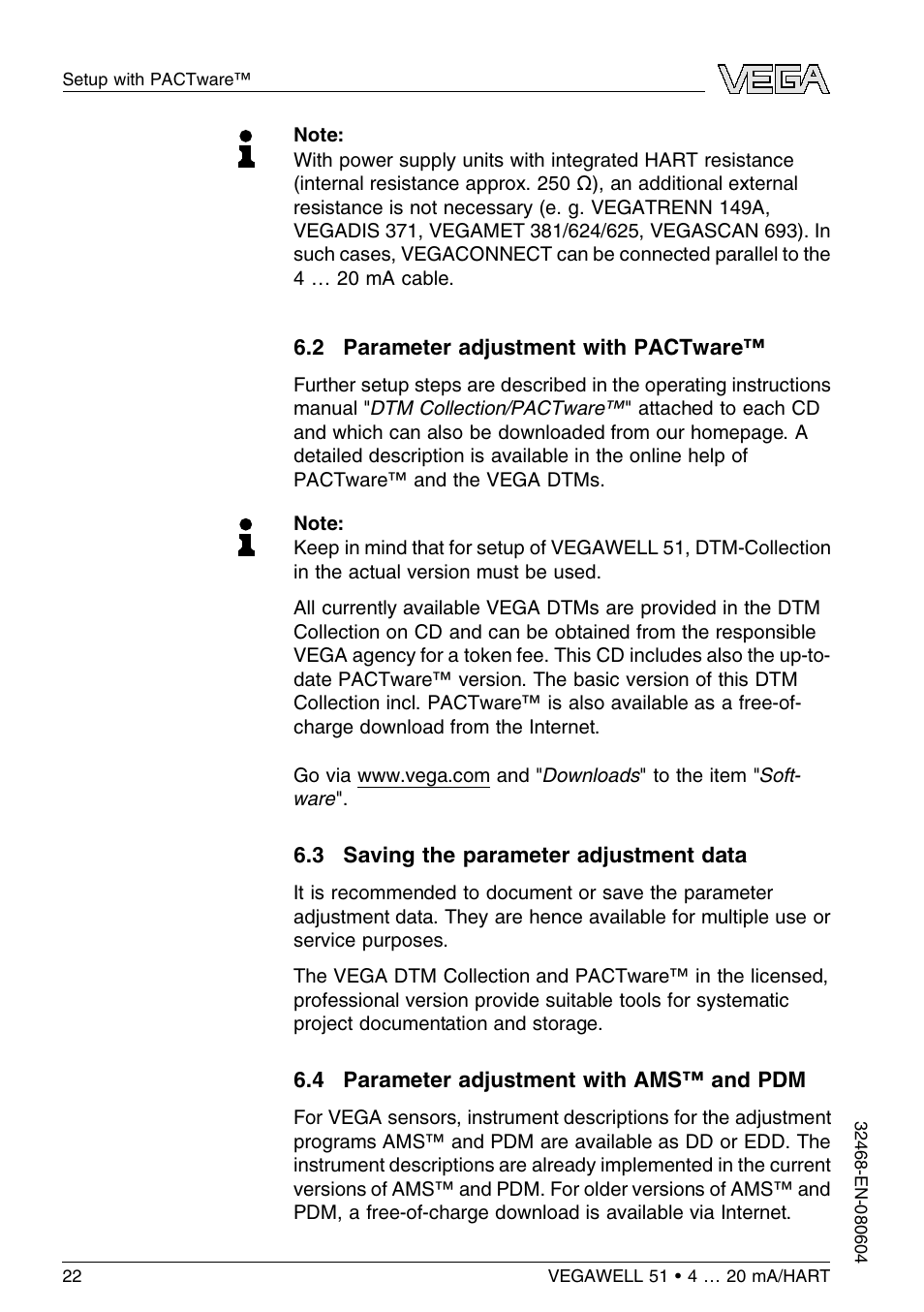 2 parameter adjustment with pactware, 3 saving the parameter adjustment data, 4 parameter adjustment with ams™ and pdm | VEGA VEGAWELL 51 4 … 20 mA_HART User Manual | Page 22 / 40