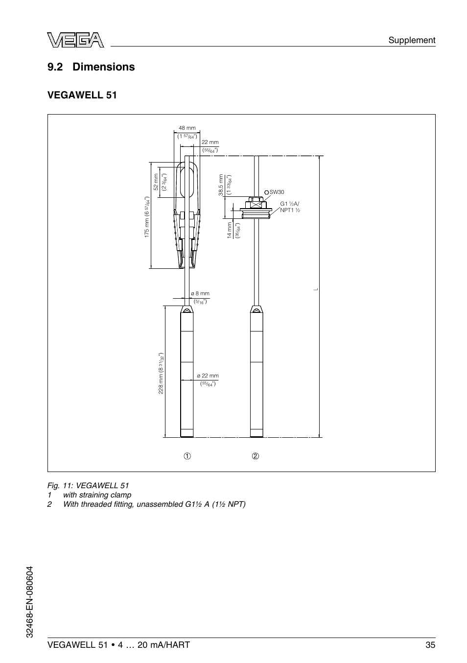2 dimensions, Vegawell 51 | VEGA VEGAWELL 51 4 … 20 mA_HART User Manual | Page 35 / 40