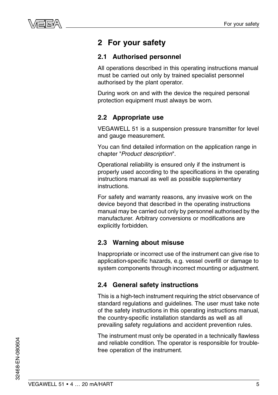 2 for your safety, 1 authorised personnel, 2 appropriate use | 3 warning about misuse, 4 general safety instructions, 2 f or your safety | VEGA VEGAWELL 51 4 … 20 mA_HART User Manual | Page 5 / 40