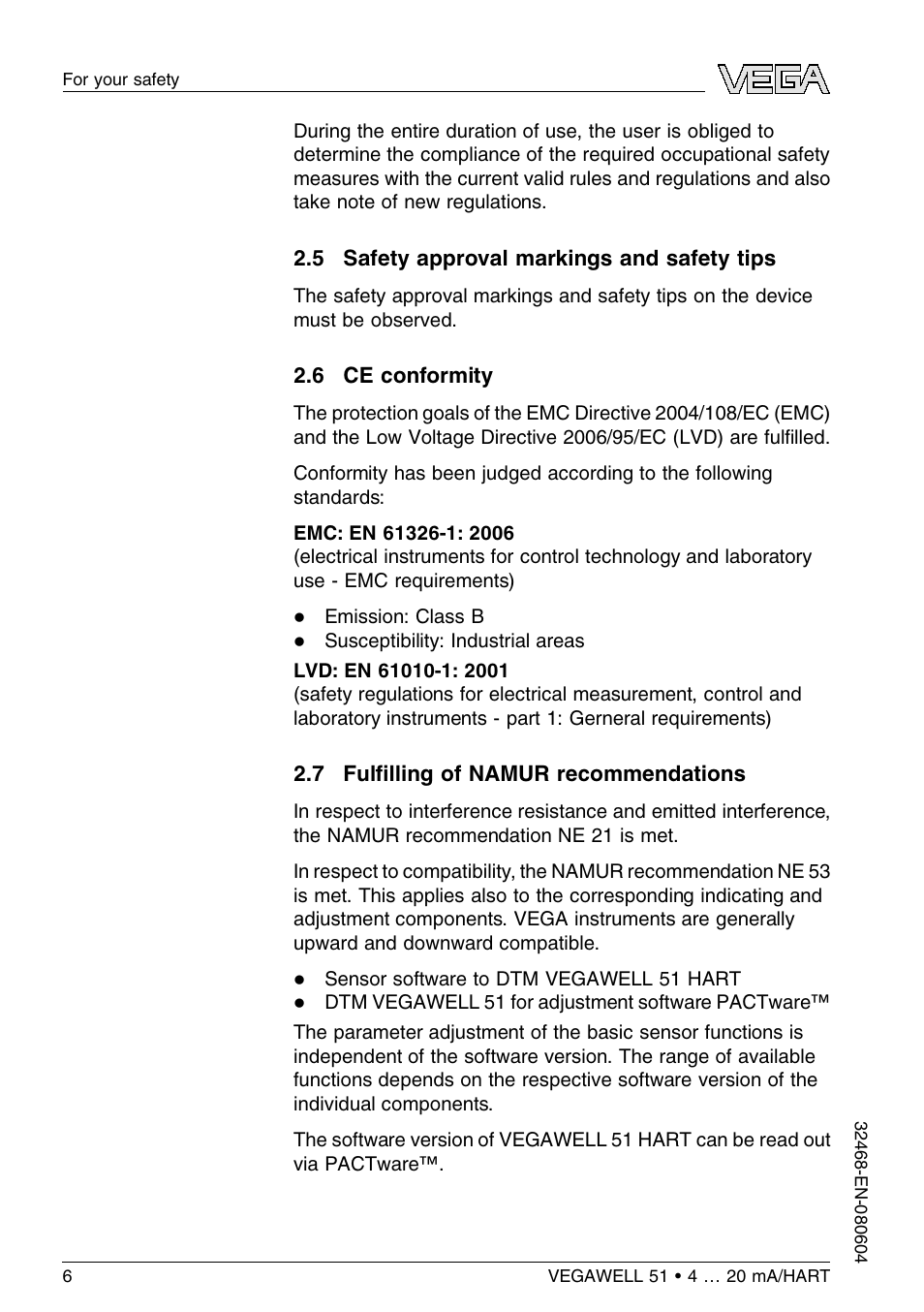 5 safety approval markings and safety tips, 6 ce conformity, 7 fulfilling of namur recommendations | VEGA VEGAWELL 51 4 … 20 mA_HART User Manual | Page 6 / 40