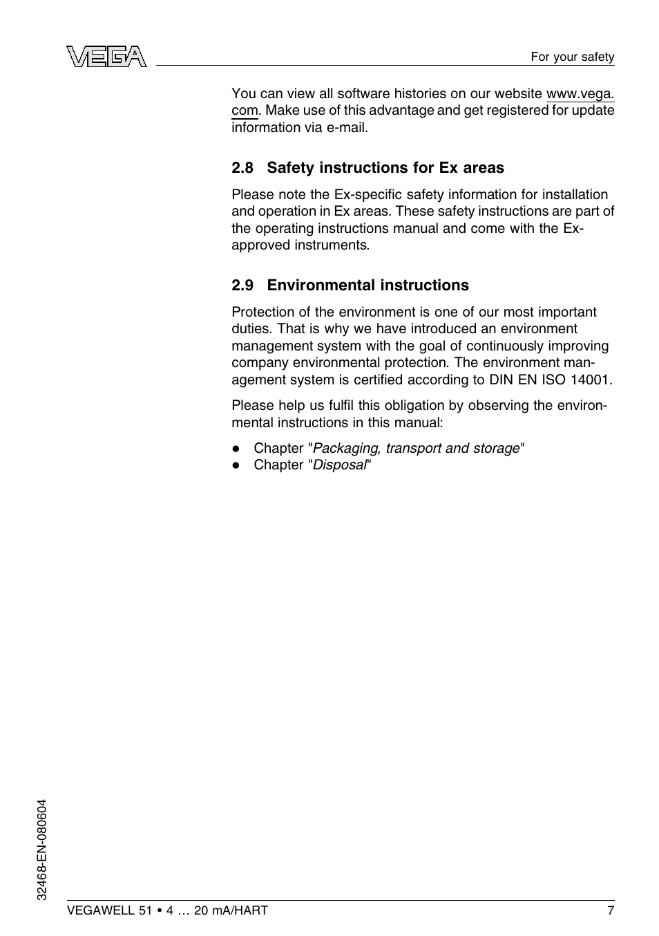 8 safety instructions for ex areas, 9 environmental instructions | VEGA VEGAWELL 51 4 … 20 mA_HART User Manual | Page 7 / 40