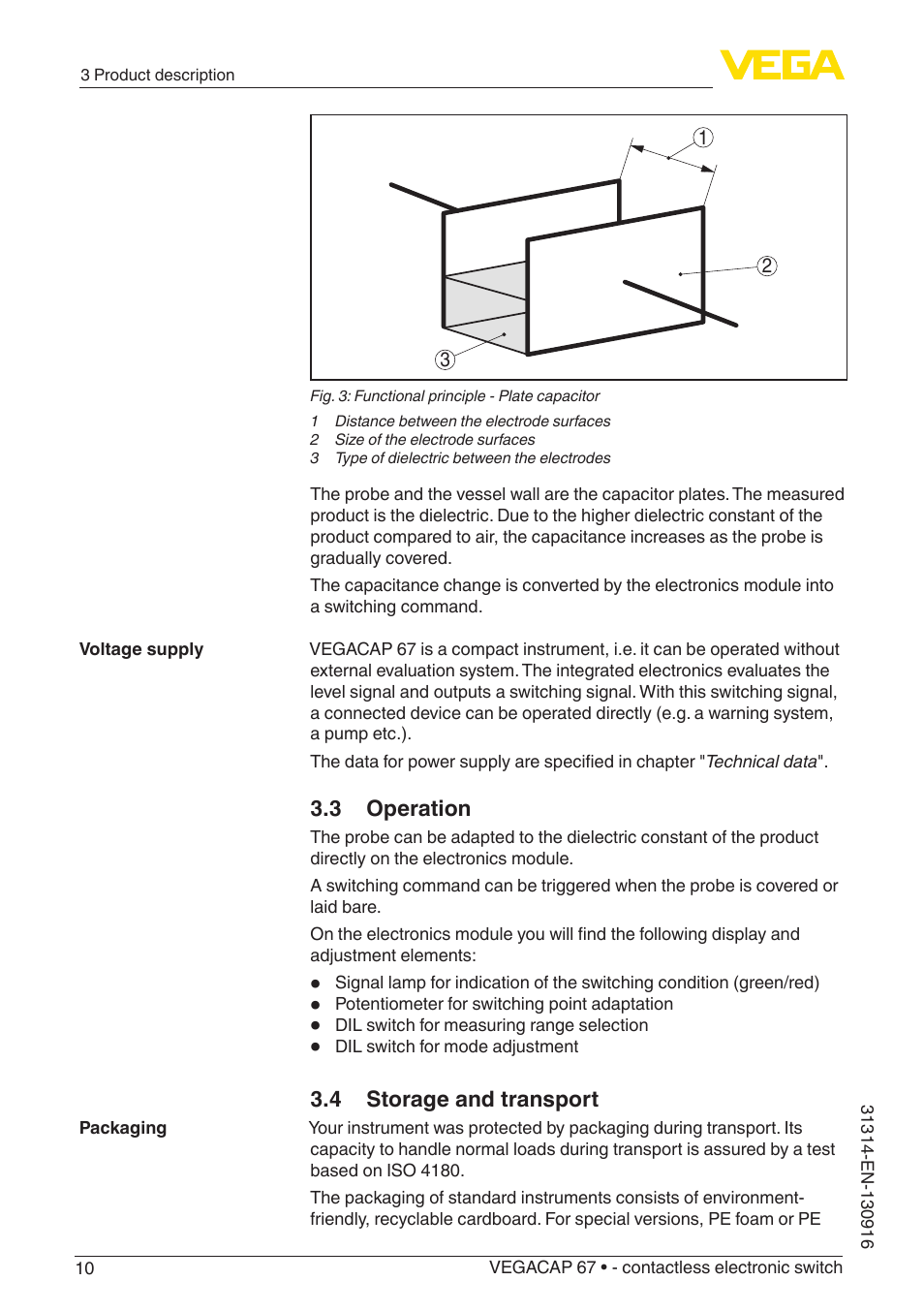 3 operation, 4 storage and transport | VEGA VEGACAP 67 - contactless electronic switch User Manual | Page 10 / 36