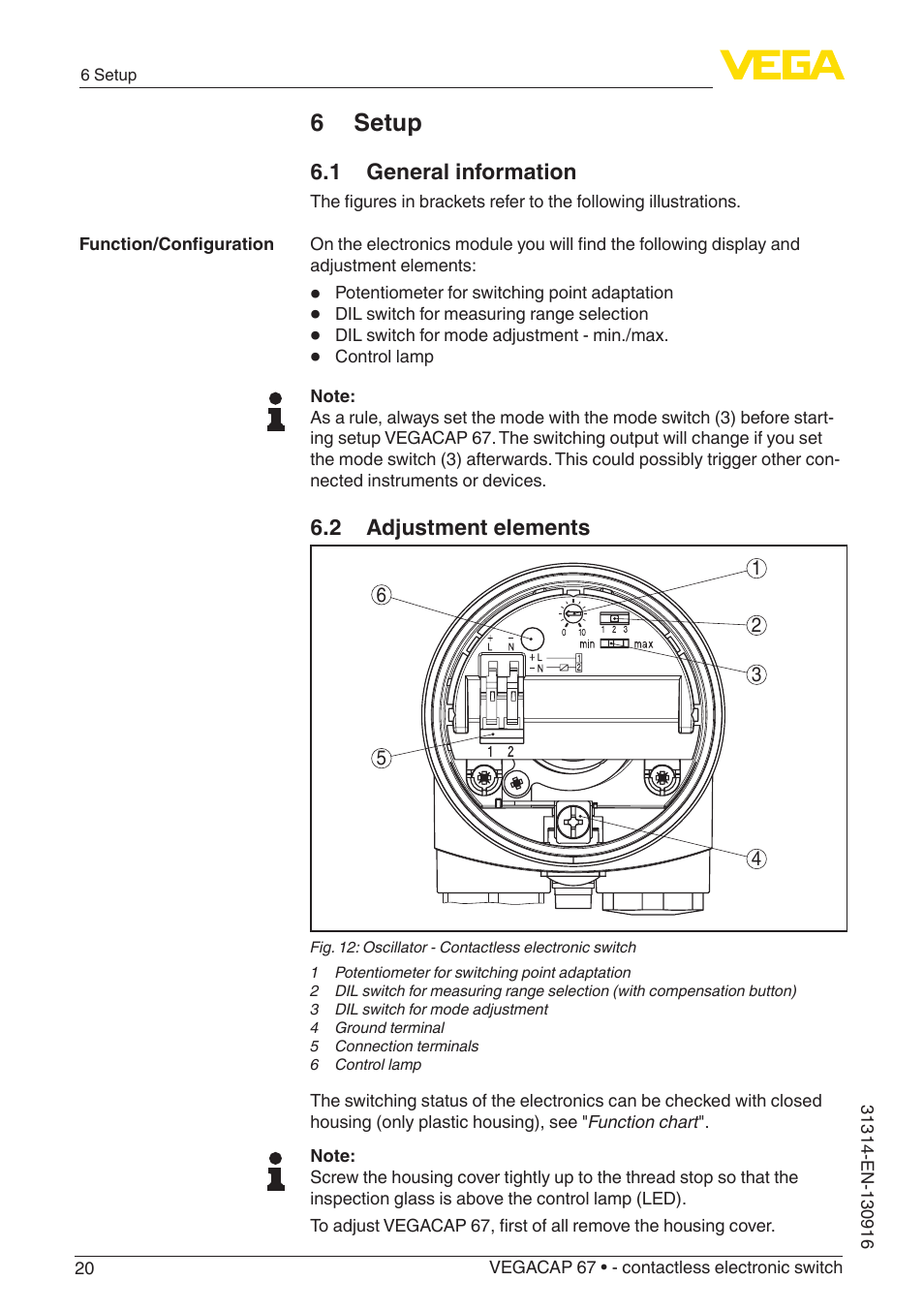 6 setup, 1 general information, 2 adjustment elements | VEGA VEGACAP 67 - contactless electronic switch User Manual | Page 20 / 36