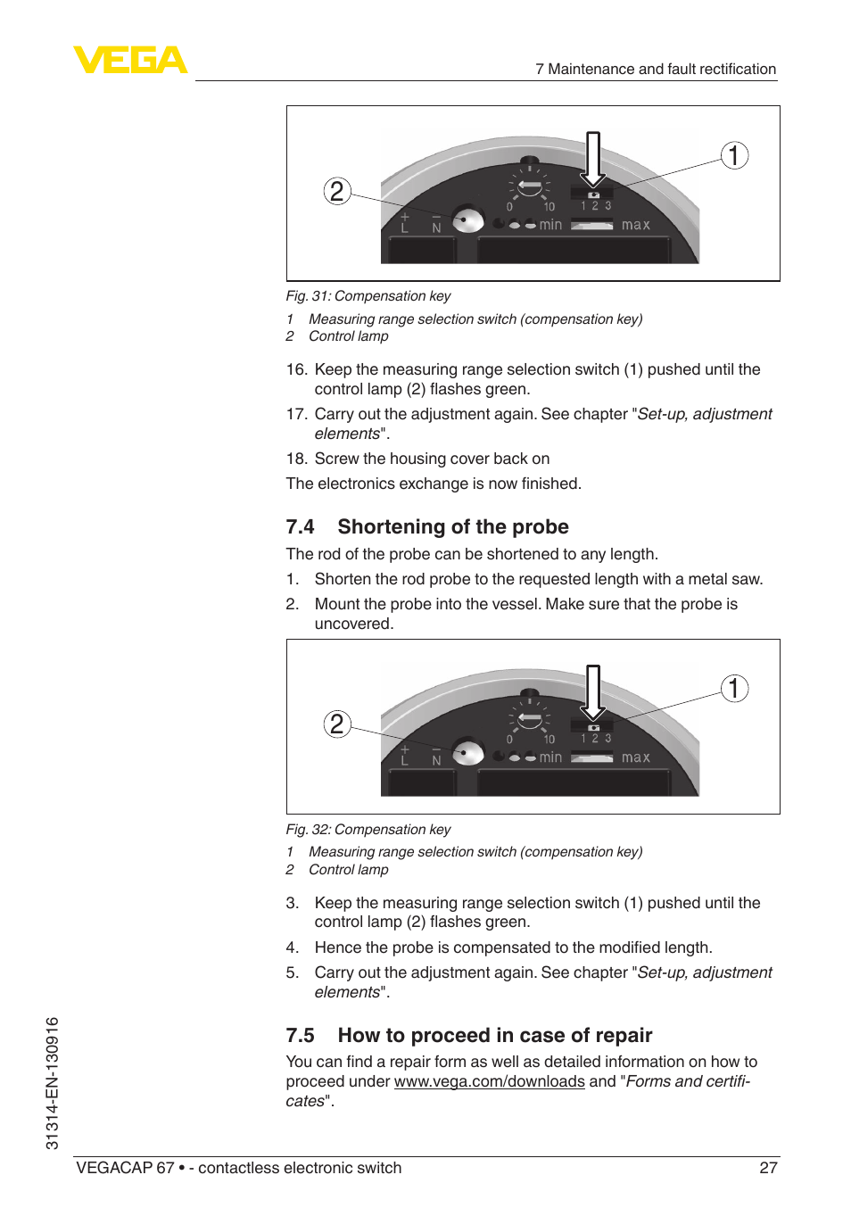 4 shortening of the probe, 5 how to proceed in case of repair | VEGA VEGACAP 67 - contactless electronic switch User Manual | Page 27 / 36