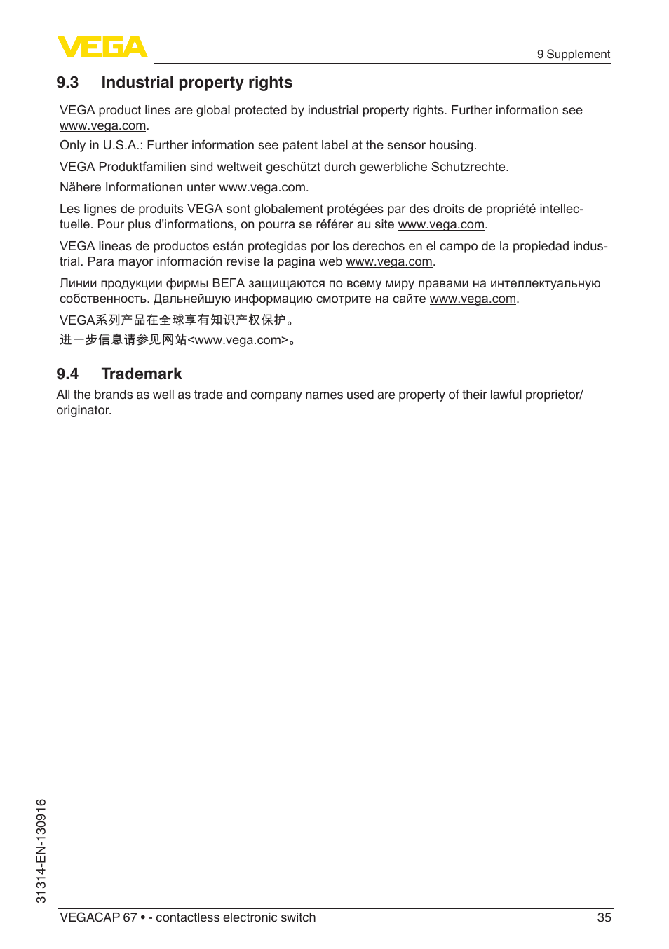 3 industrial property rights, 4 trademark | VEGA VEGACAP 67 - contactless electronic switch User Manual | Page 35 / 36