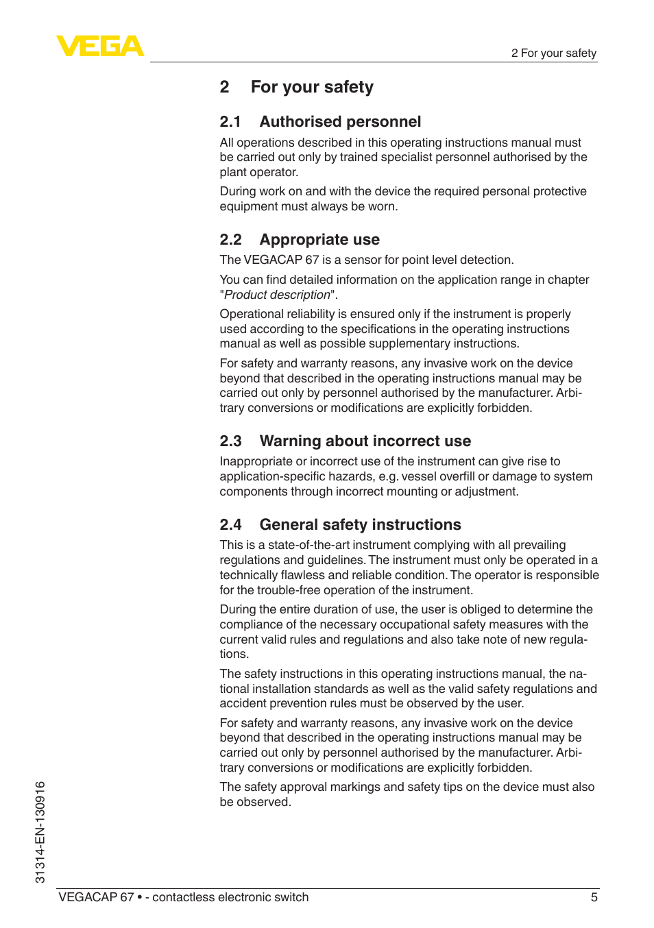 2 for your safety, 1 authorised personnel, 2 appropriate use | 3 warning about incorrect use, 4 general safety instructions | VEGA VEGACAP 67 - contactless electronic switch User Manual | Page 5 / 36