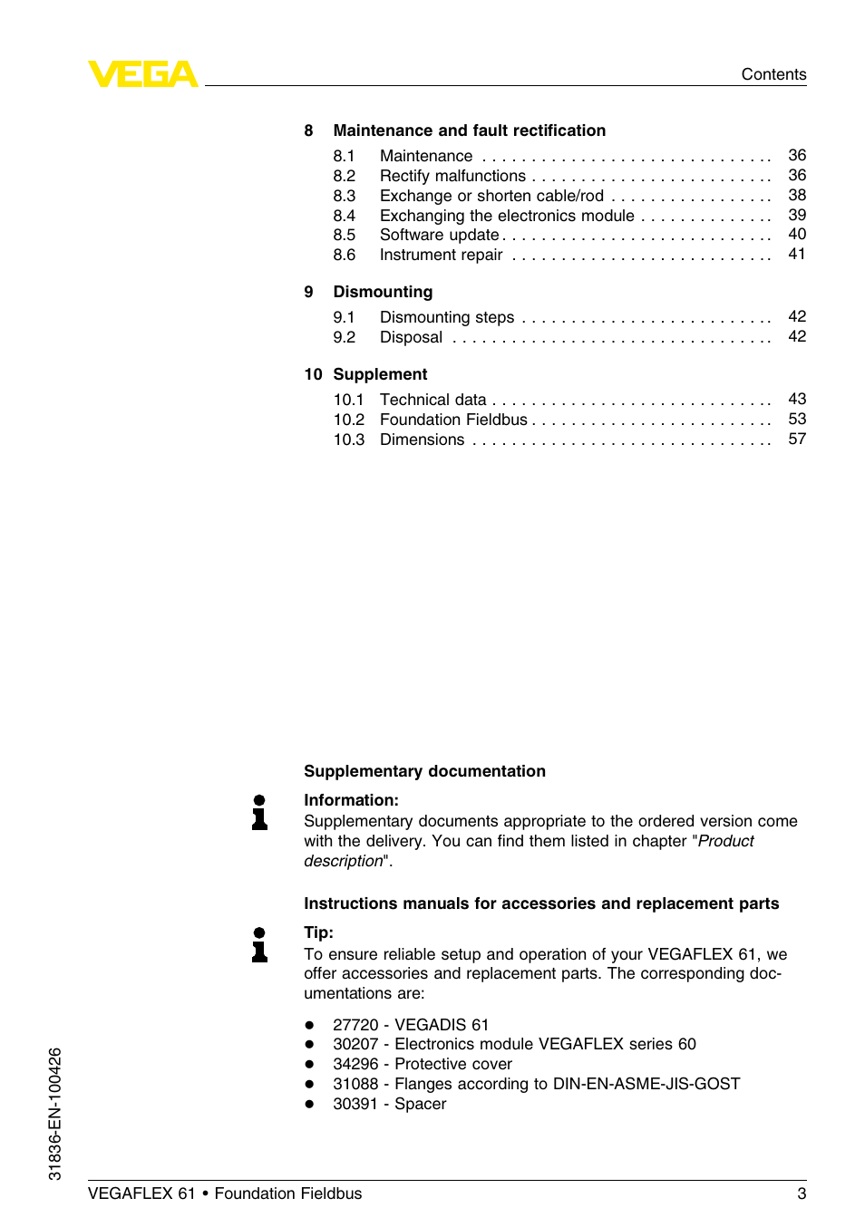 VEGA VEGAFLEX 61 Foundation Fieldbus User Manual | Page 3 / 64