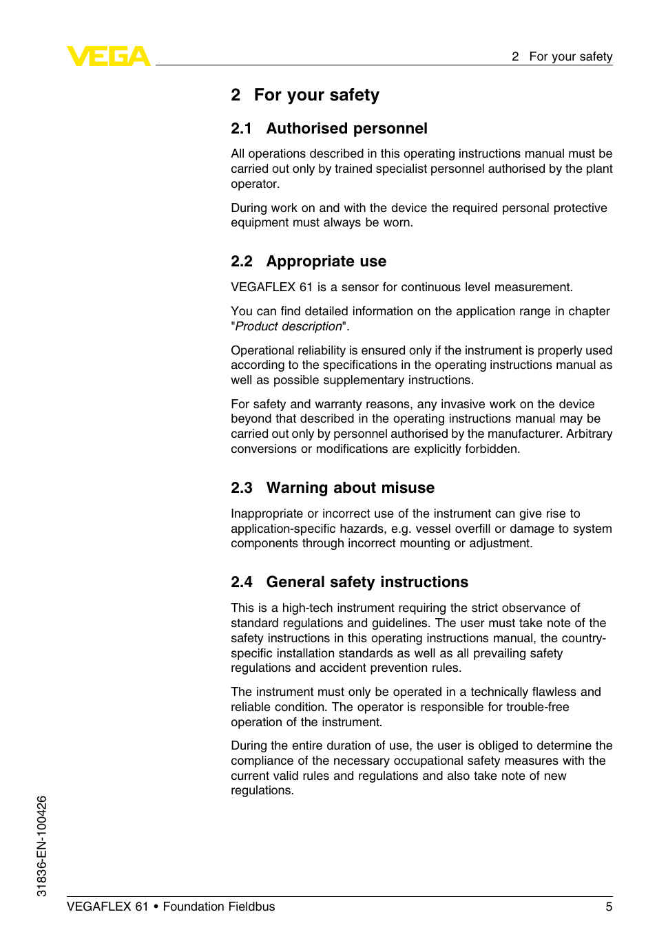 2 for your safety, 1 authorised personnel, 2 appropriate use | 3 warning about misuse, 4 general safety instructions, 2for your safety | VEGA VEGAFLEX 61 Foundation Fieldbus User Manual | Page 5 / 64