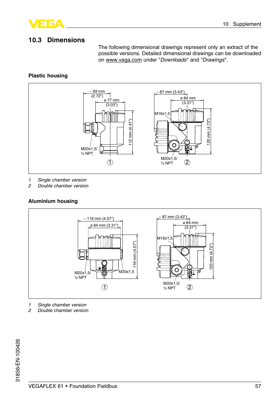 3 dimensions, 10 .3 dimensions | VEGA VEGAFLEX 61 Foundation Fieldbus User Manual | Page 57 / 64