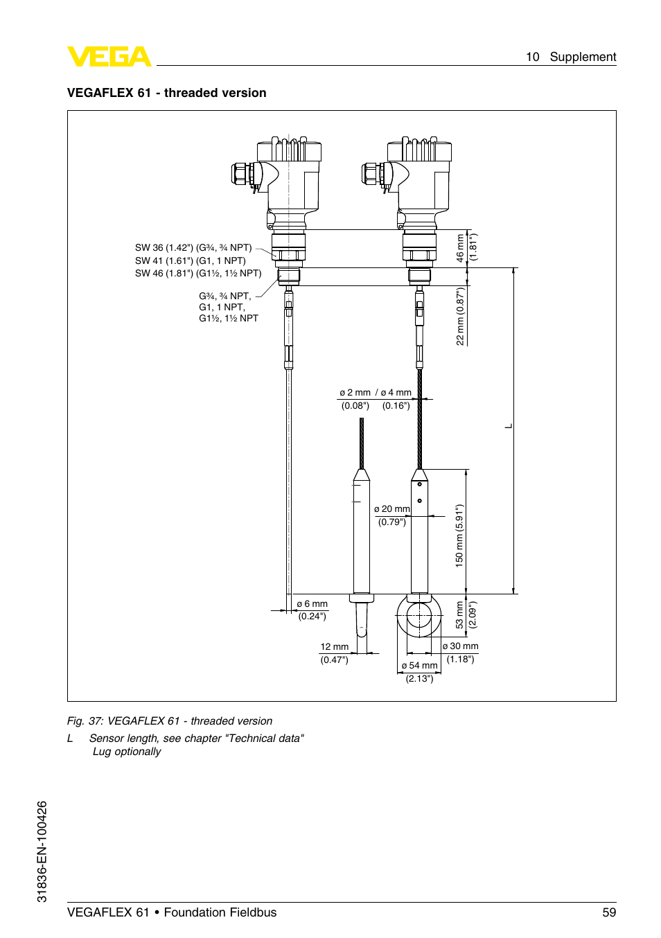 Vegaflex 61 - threaded version | VEGA VEGAFLEX 61 Foundation Fieldbus User Manual | Page 59 / 64