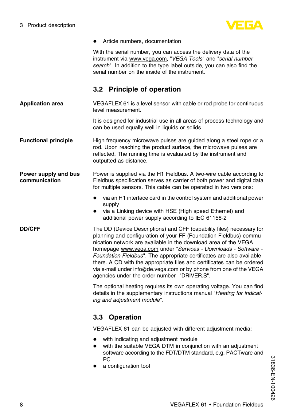 2 principle of operation, 3 operation | VEGA VEGAFLEX 61 Foundation Fieldbus User Manual | Page 8 / 64