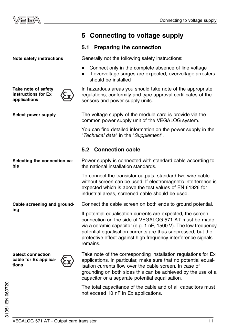 5 connecting to voltage supply, 1 preparing the connection, 2 connection cable | VEGA VEGALOG 571 AT User Manual | Page 11 / 24