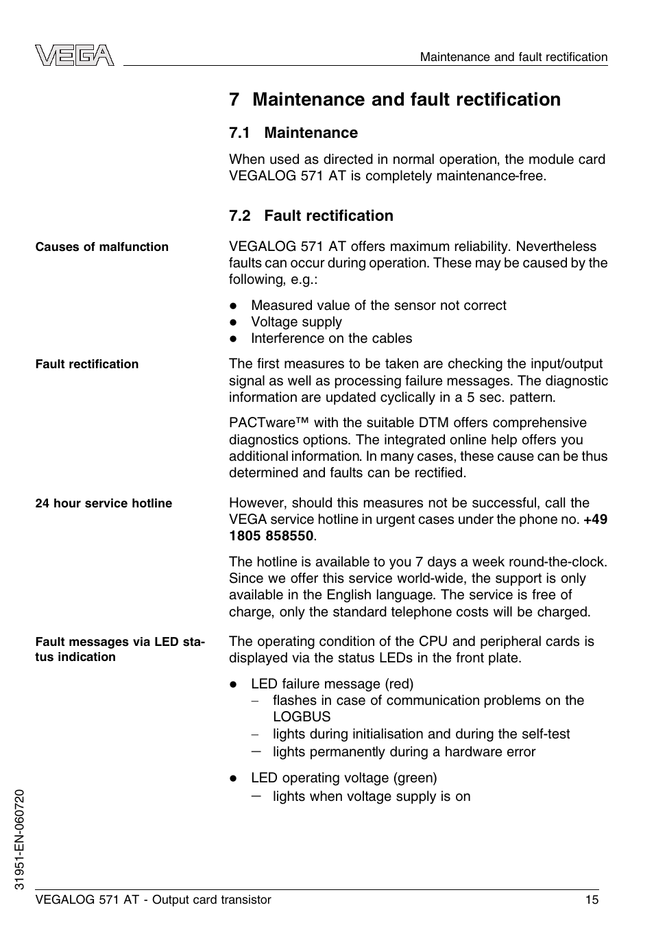 7 maintenance and fault rectification, 1 maintenance, 2 fault rectification | 7 maintenance and fault rectiﬁcation | VEGA VEGALOG 571 AT User Manual | Page 15 / 24