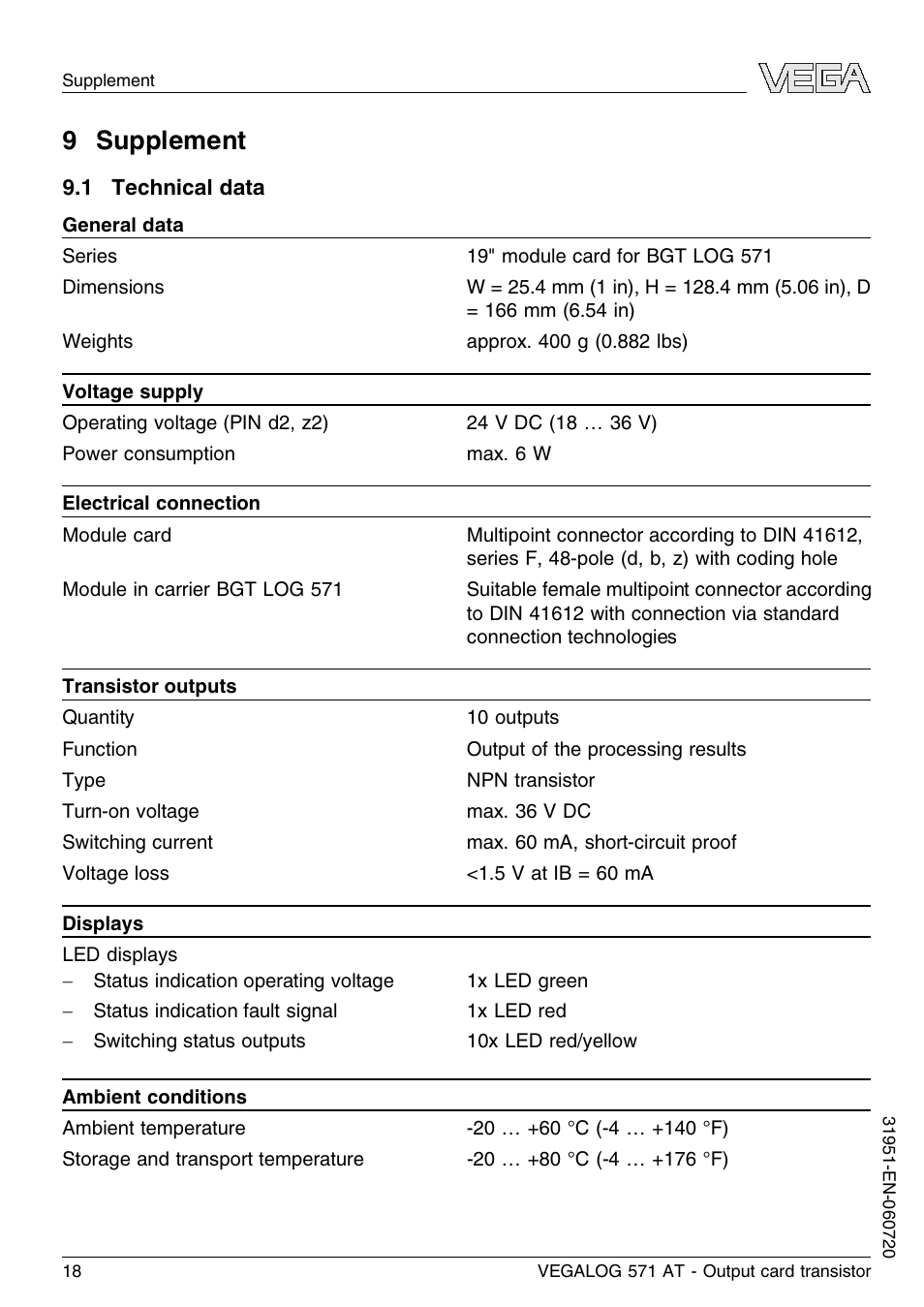 9 supplement, 1 technical data | VEGA VEGALOG 571 AT User Manual | Page 18 / 24