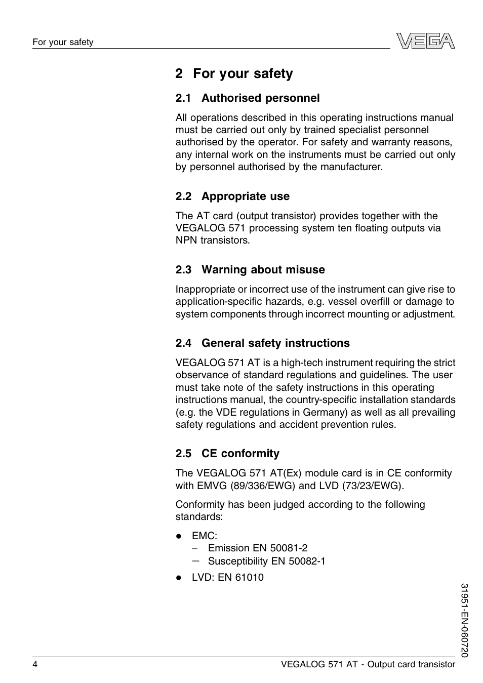 2 for your safety, 1 authorised personnel, 2 appropriate use | 3 warning about misuse, 4 general safety instructions, 5 ce conformity | VEGA VEGALOG 571 AT User Manual | Page 4 / 24