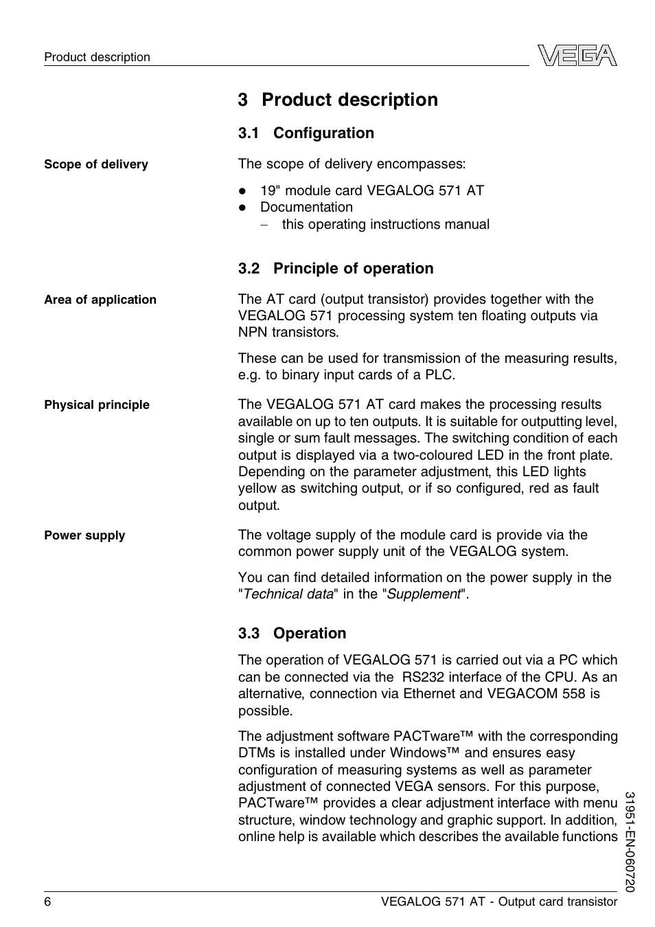 3 product description, 1 configuration, 2 principle of operation | 3 operation | VEGA VEGALOG 571 AT User Manual | Page 6 / 24