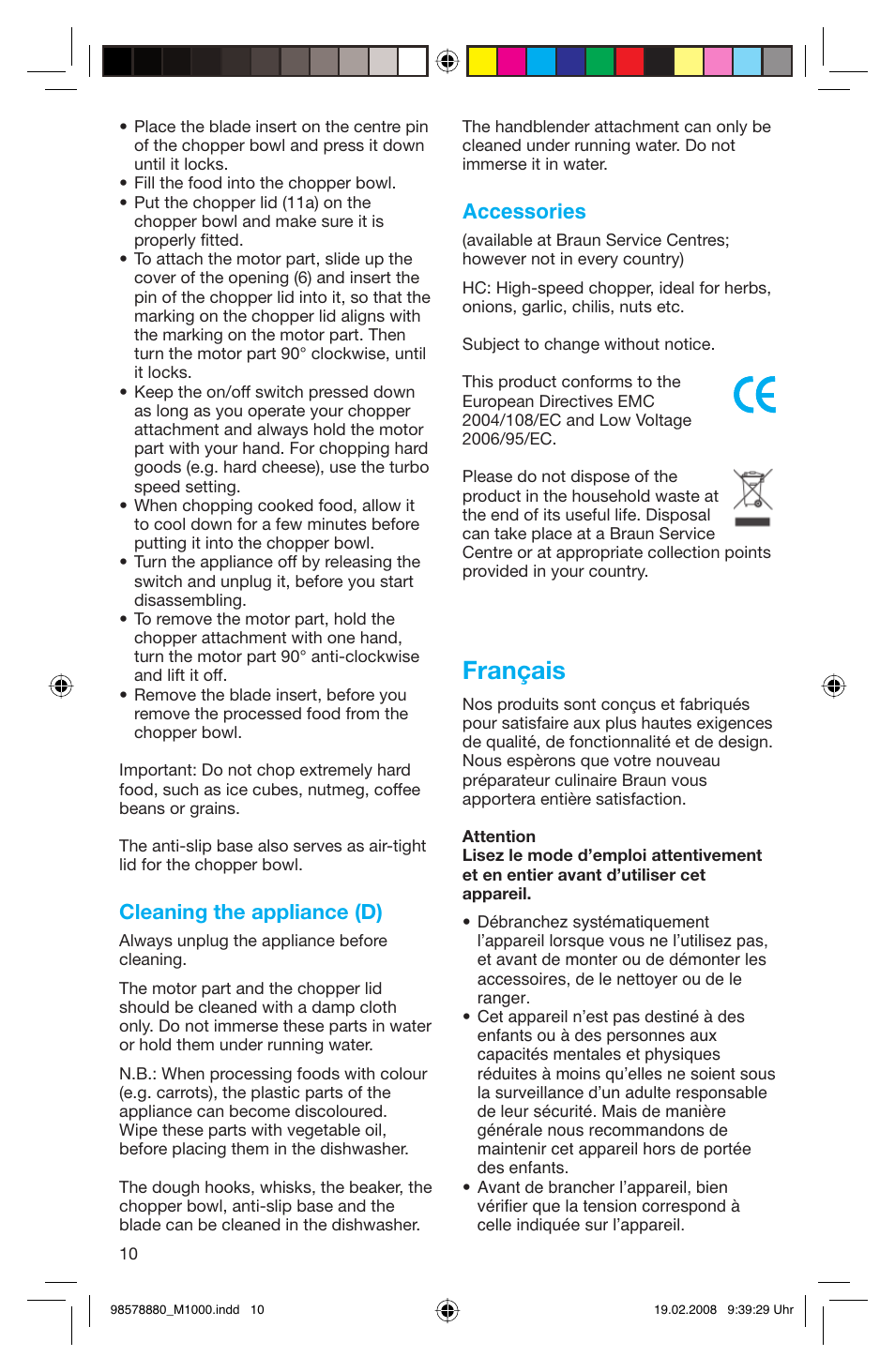 Français, Cleaning the appliance (d), Accessories | Braun M 1050 M User Manual | Page 10 / 71