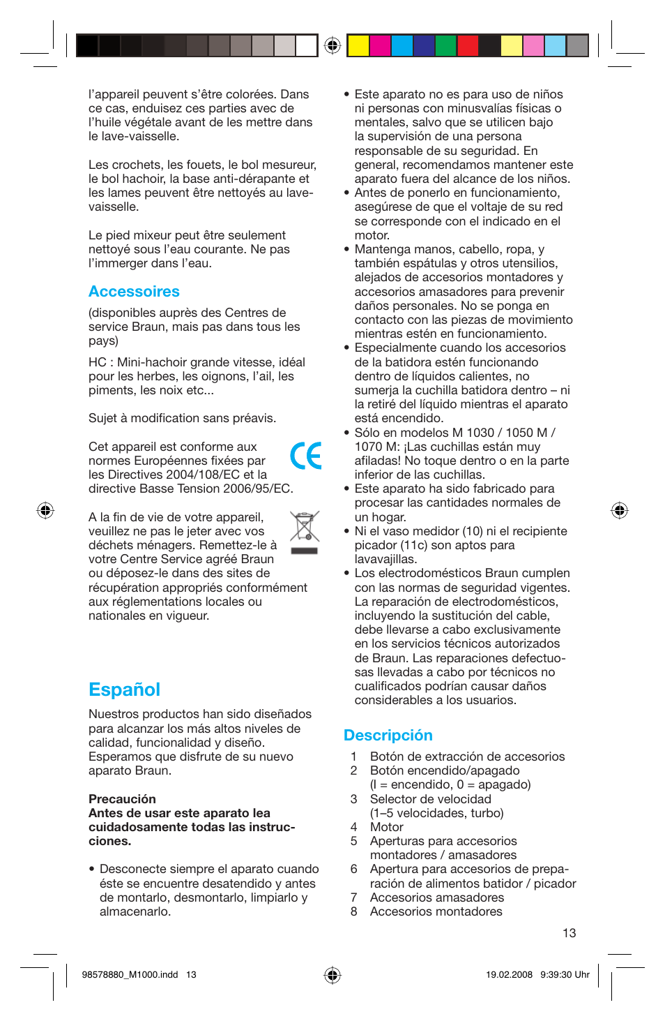 Español, Accessoires, Descripción | Braun M 1050 M User Manual | Page 13 / 71