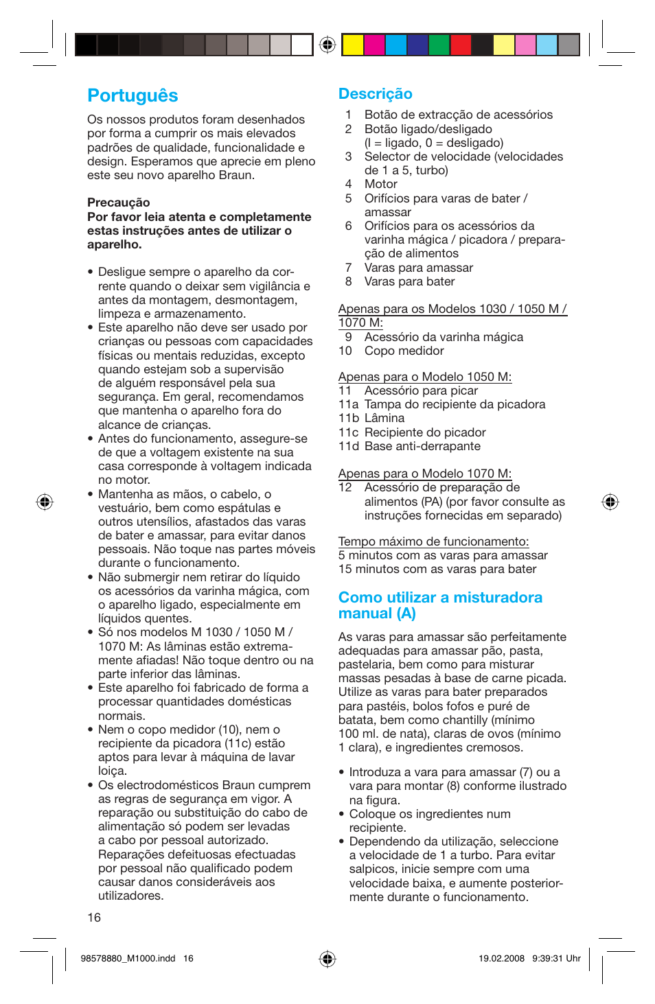 Português, Descrição, Como utilizar a misturadora manual (a) | Braun M 1050 M User Manual | Page 16 / 71