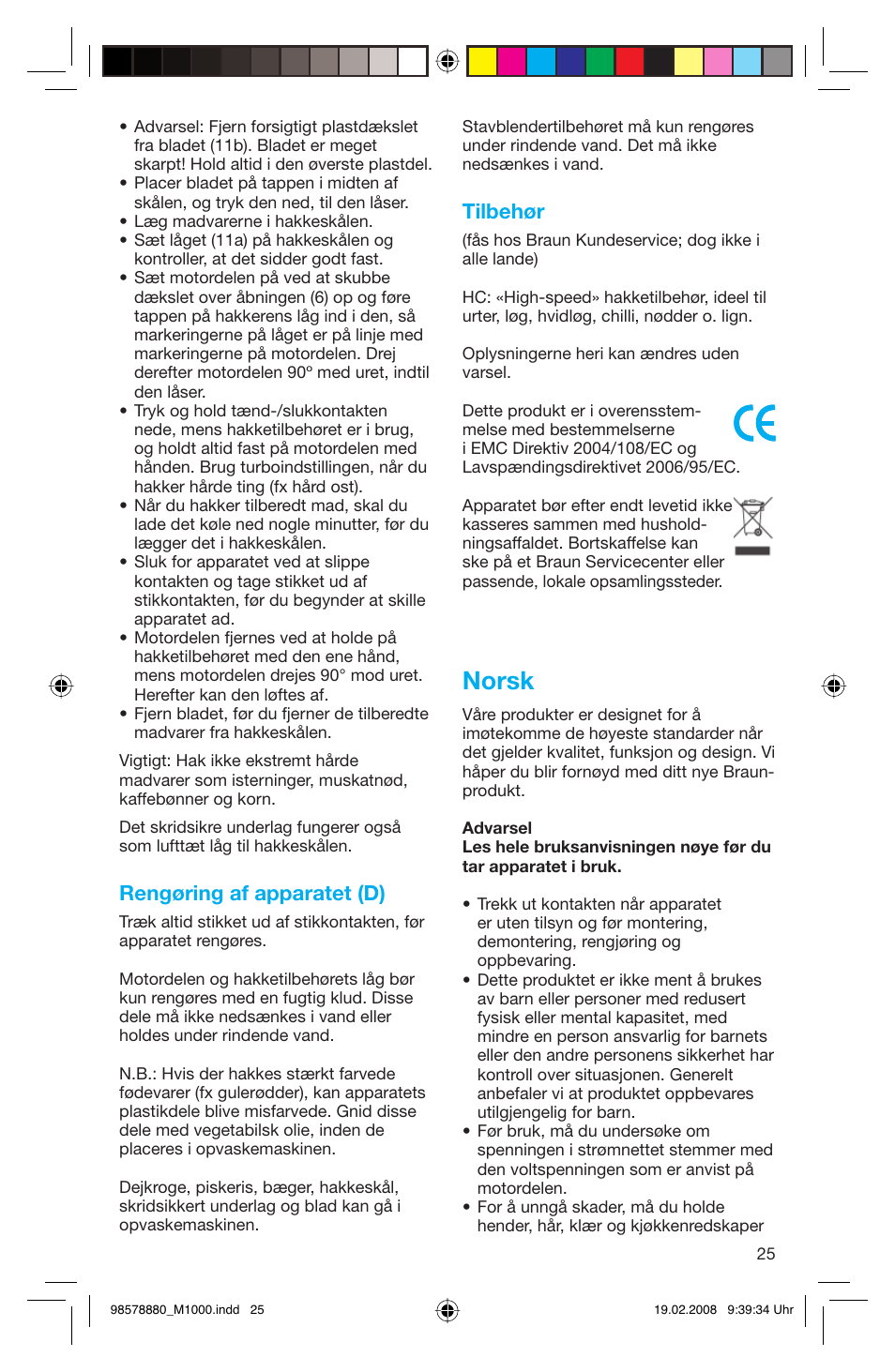 Norsk, Rengøring af apparatet (d), Tilbehør | Braun M 1050 M User Manual | Page 25 / 71