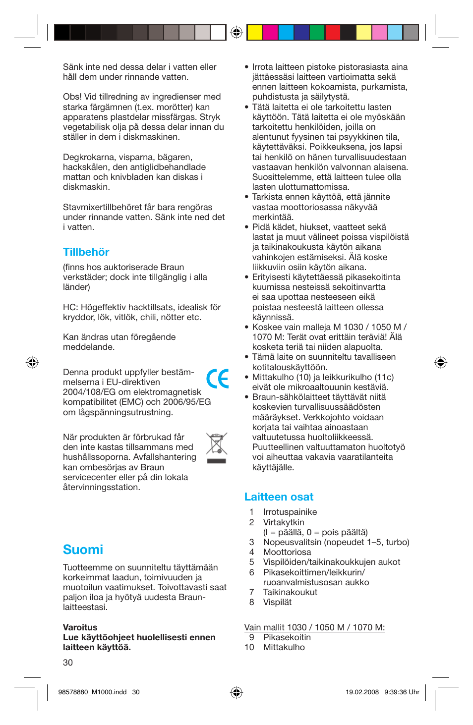 Suomi, Tillbehör, Laitteen osat | Braun M 1050 M User Manual | Page 30 / 71