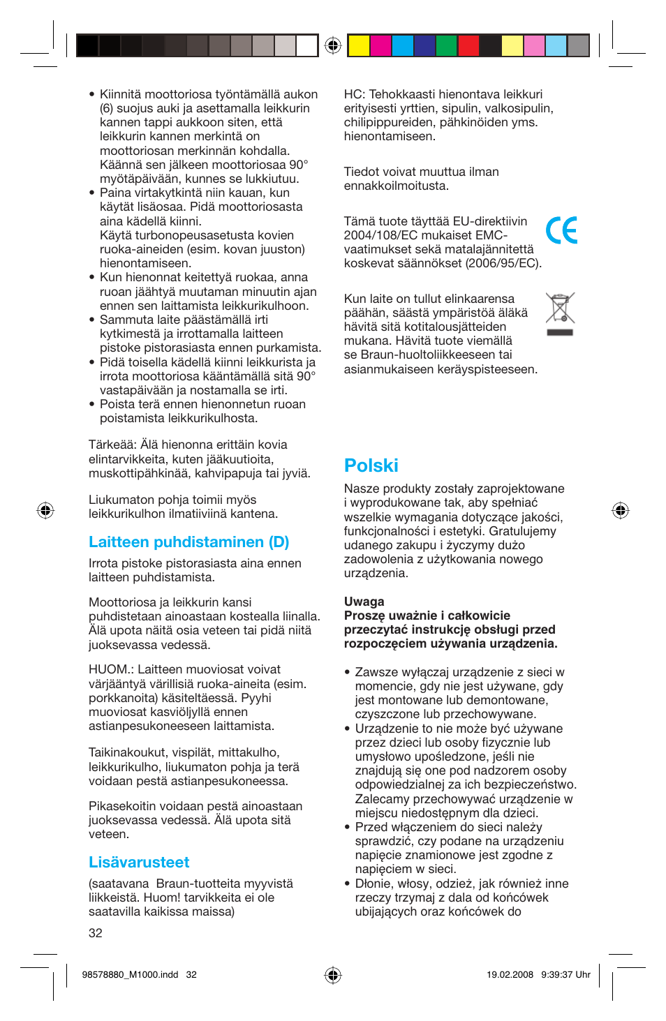 Polski, Laitteen puhdistaminen (d), Lisävarusteet | Braun M 1050 M User Manual | Page 32 / 71