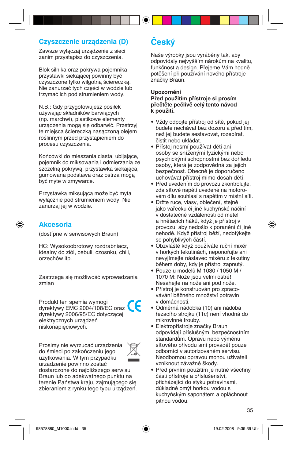 Český, Czyszczenie urządzenia (d), Akcesoria | Braun M 1050 M User Manual | Page 35 / 71